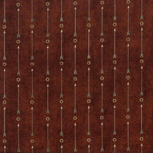 May include: A repeating pattern of brown arrows and gold circles on a dark red background.