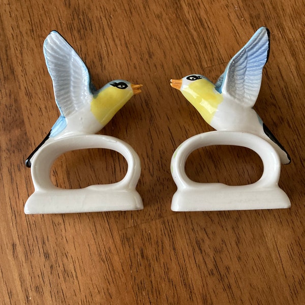 Sculptural Bone China Bird Napkin Ring Set / hand painted blue, black, and bright yellow pair / ARDALT - Vintage 1980s