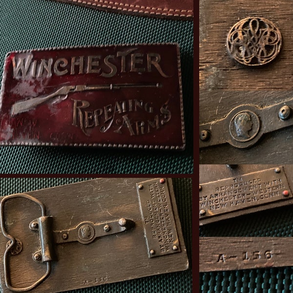 Winchester Rifle Brass Belt Buckle; Gun Motif / Collectible; Figural Relief / Bronze Lacquer/Patina - Vintage 1970's