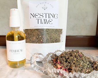 Birth Preparation Bundle | Perineal Massage Oil & Nesting Time Herbal Tea | Third Trimester Support | Natural Pregnancy Gift