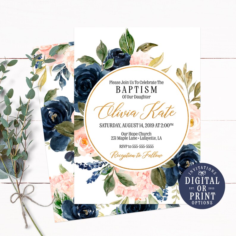 Blush Floral Girl Baptism Invitation Gold Floral Baptism Etsy