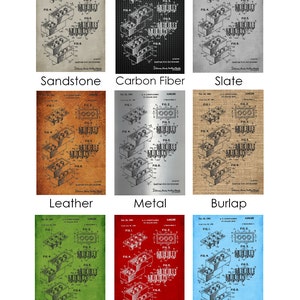 May include: A vintage patent drawing of a toy building block, shown in nine different color variations: sandstone, carbon fiber, slate, leather, metal, burlap, green, red, and light blue. The drawing includes the text "Oct. 24, 1961", "J. K. CHRISTENSEN", "3,008,322", "FIG. 1", "FIG. 2", "FIG. 3", "FIG. 4", "FIG. 5", "FIG. 6", and "United States Patent Office."