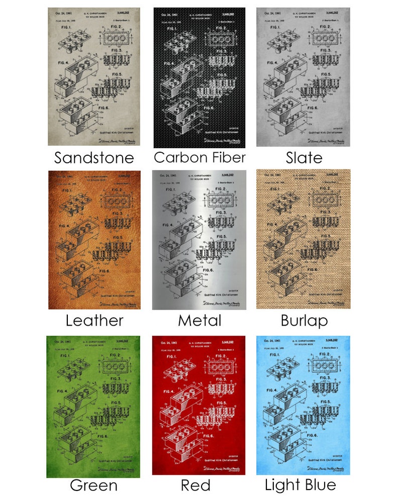 May include: A vintage patent drawing of a toy building block, shown in nine different color variations: sandstone, carbon fiber, slate, leather, metal, burlap, green, red, and light blue. The drawing includes the text "Oct. 24, 1961", "J. K. CHRISTENSEN", "3,008,322", "FIG. 1", "FIG. 2", "FIG. 3", "FIG. 4", "FIG. 5", "FIG. 6", and "United States Patent Office."