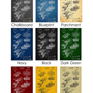 May include: A vintage patent drawing of a building block toy, printed on different colored backgrounds. The drawing shows the block in various configurations, with labels for each figure. The colors include chalkboard, blueprint, parchment, navy, black, dark green, burgundy, gold, and tan.