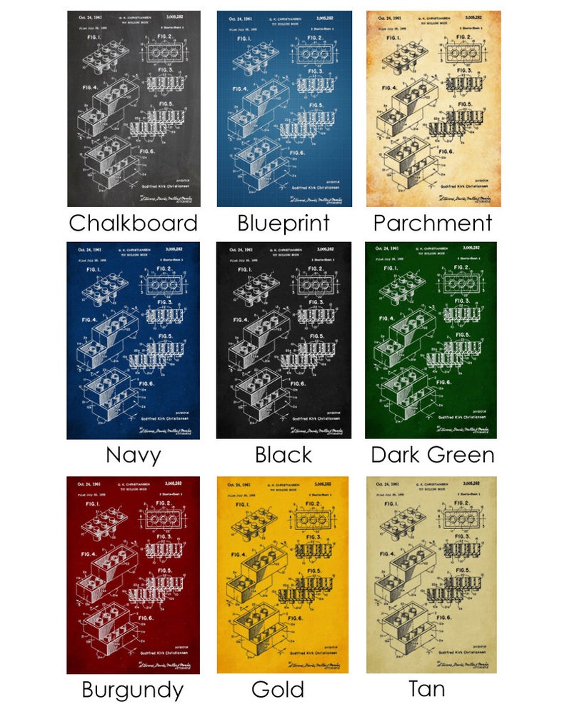 May include: A vintage patent drawing of a building block toy, printed on different colored backgrounds. The drawing shows the block in various configurations, with labels for each figure. The colors include chalkboard, blueprint, parchment, navy, black, dark green, burgundy, gold, and tan.