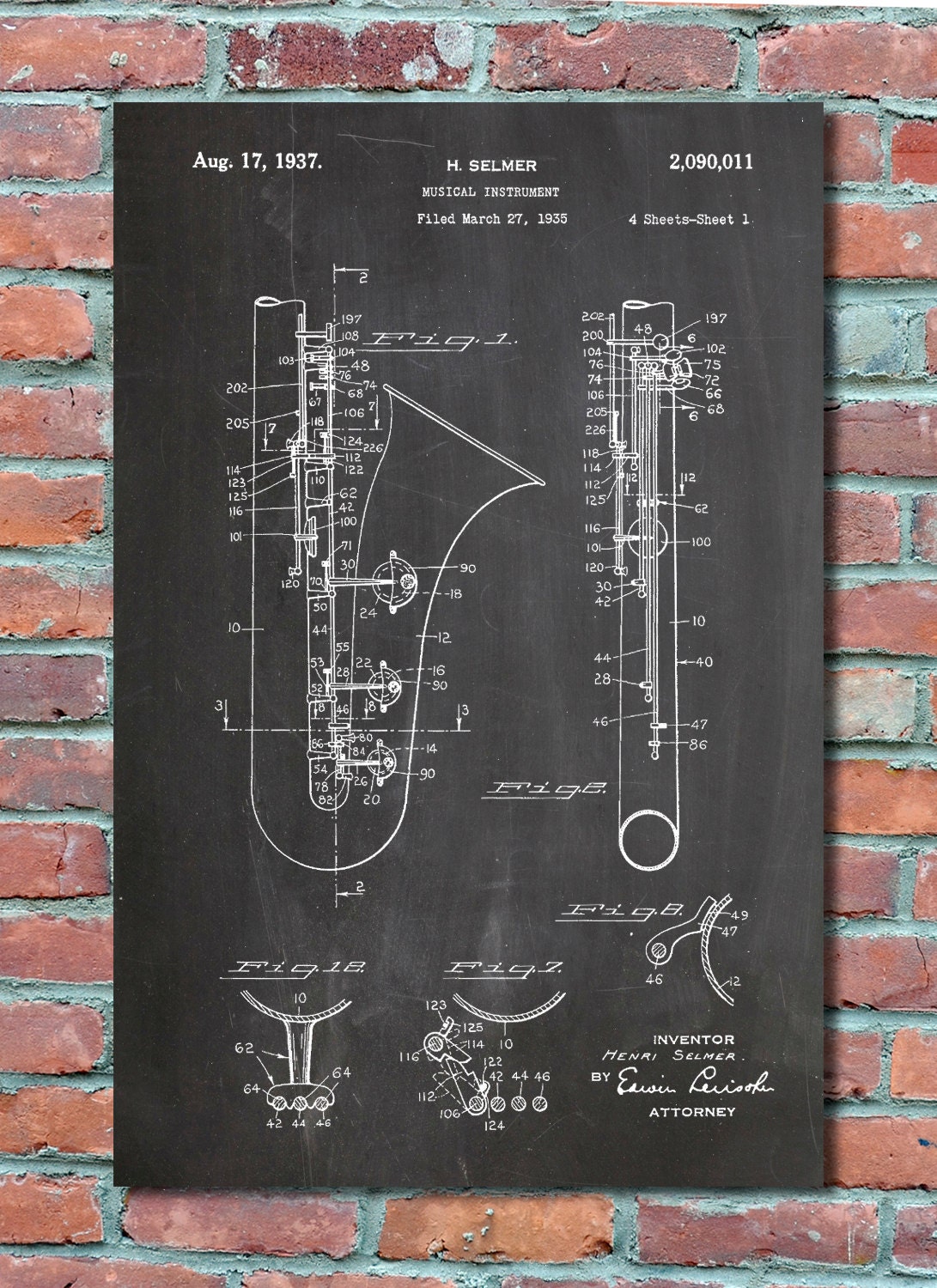 Saxophone Patent Wall Art, Patent Print, Blueprint, Patent Poster, Plexity Prints #021