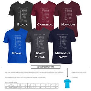 May include: A chart showing different color options for a t-shirt featuring a white outline of a guitar with the text "HEAVY METAL" printed on the shirt. The chart also includes sizing specifications for the t-shirt.