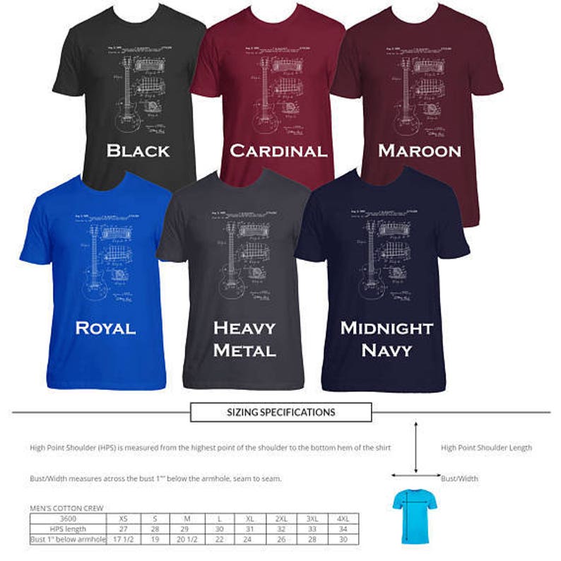May include: A chart showing different color options for a t-shirt featuring a white outline of a guitar with the text "HEAVY METAL" printed on the shirt. The chart also includes sizing specifications for the t-shirt.