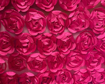 3D Rosette Fabric, Black Rosette on Mesh Fabric, 3D Rose Fabric, Black Satin Rosette Bouquet Flower,  fabric by the Yard