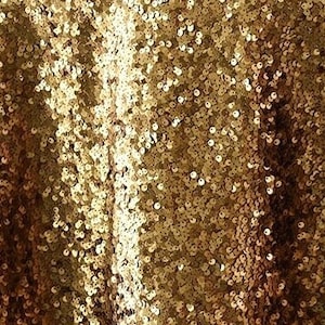 May include: Gold sequin fabric with a close-up view of the sequins. The fabric has a subtle sheen and a slightly textured surface.
