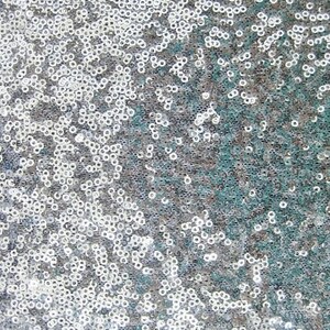 Puede incluir: Primer plano de una tela cubierta de peque&ntilde;as lentejuelas redondas plateadas. Las lentejuelas est&aacute;n densamente empaquetadas, creando una superficie brillante y reflectante. El fondo tiene toques de verde azulado y azul.