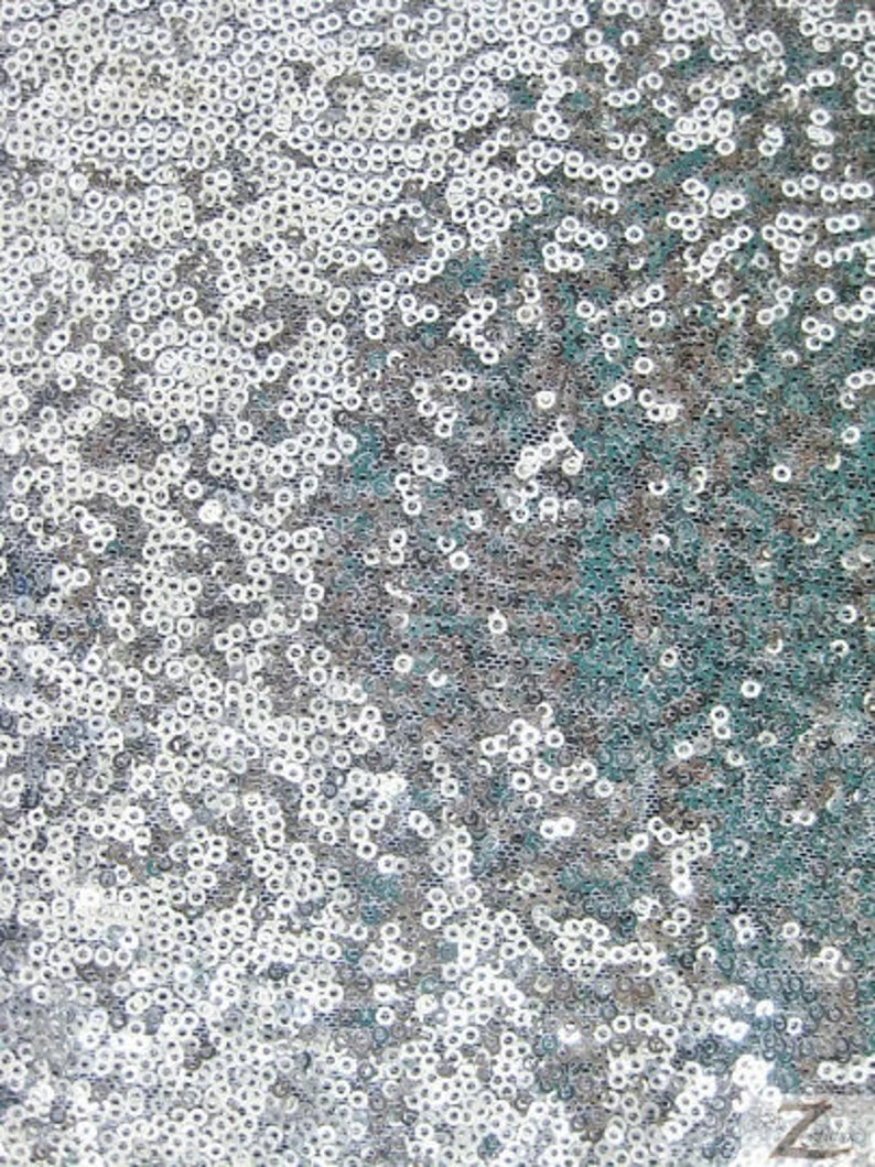 Puede incluir: Primer plano de una tela cubierta de peque&ntilde;as lentejuelas redondas plateadas. Las lentejuelas est&aacute;n densamente empaquetadas, creando una superficie brillante y reflectante. El fondo tiene toques de verde azulado y azul.