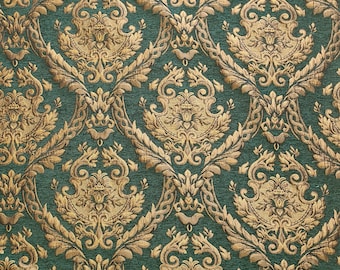 May include: A fabric featuring a deep forest green background with an intricate, repeating damask pattern in metallic gold. The design consists of symmetrical, ornate floral and leaf motifs woven into the textile, creating a textured appearance.