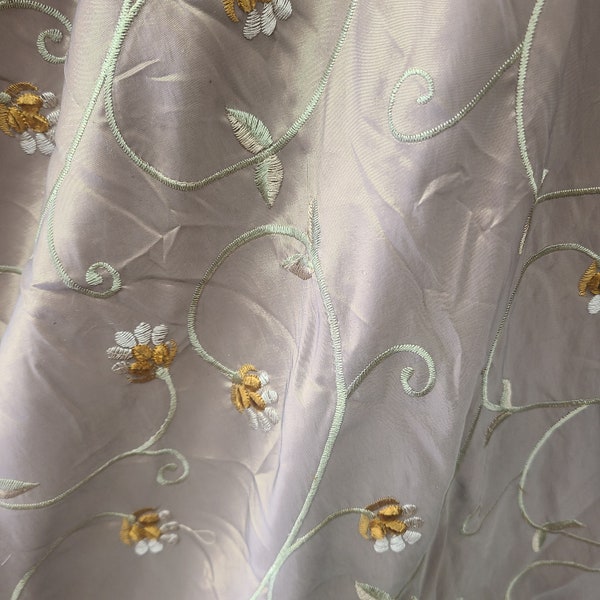 Taffeta Embroidered  rose floral Taupe  100% Poly Faux Silk Like Fabric 118" Wide,  sold by yard.