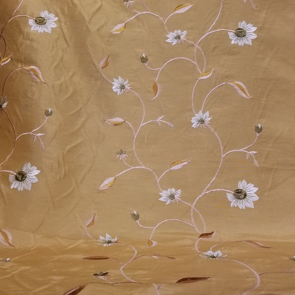 Taffeta Embroidered  rose floral/ Antique Gold 100% Poly , Faux Silk Like Fabric 60" Wide,  sold by 10 YARDS