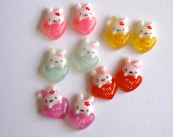 Boucles d'oreilles lapin kawaii, clous coeur scintillants
