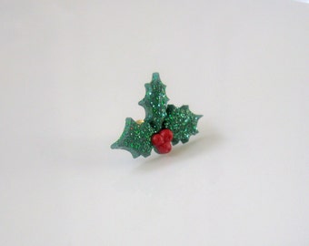 Glitter Holly Earrings, Holiday Christmas Jewelry, Stocking Stuffer