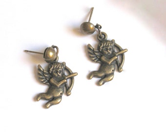Pendientes antiguos de bronce con forma de Cupido, pendientes de arco y flecha de ángel