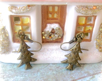 Christmas Tree Earrings, Antique Bronze or Silver Holiday Jewelry