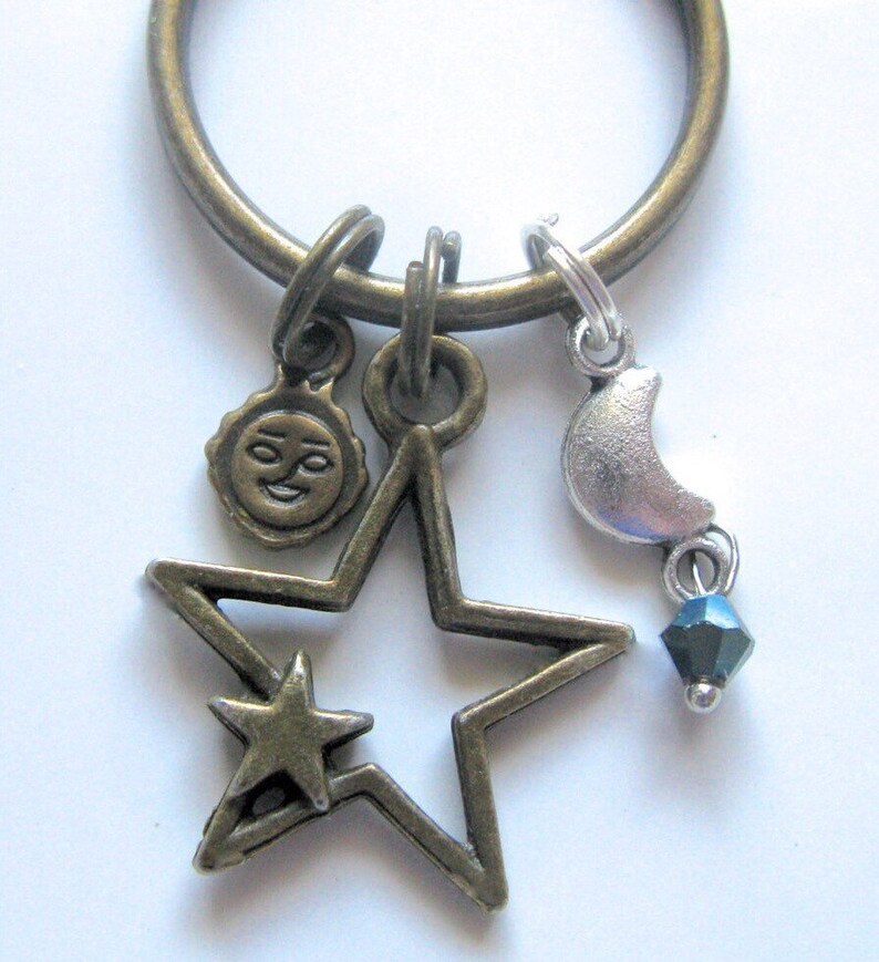Celestial Keychain, Antique Brass Star and Sun, Silver Moon With ...