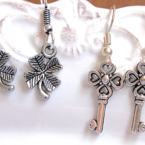 St. Patrick&#39;s Day Jewelry, Four Leaf Clover Earrings, Silver Clover Earrings, Silver Shamrock, Shamrock Key Earrings, Clover Charms