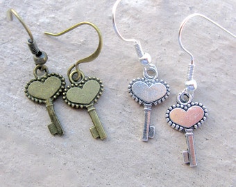 Heart Key Earrings, Antique Silver or Bronze, Valentine's Day Gift