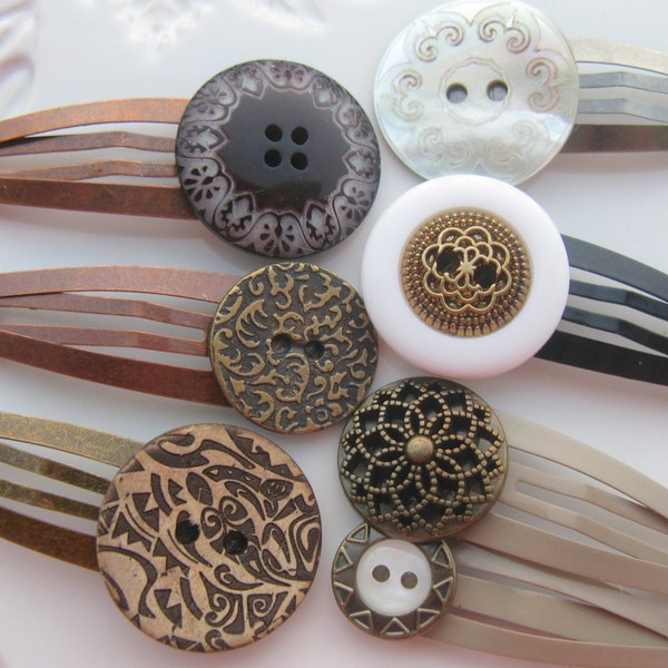 Button Hair Clips, Button Barrettes, Button Hair Accessories, Unique Buttons, Decorative Hair Clips, Antique Style Hair Accessories