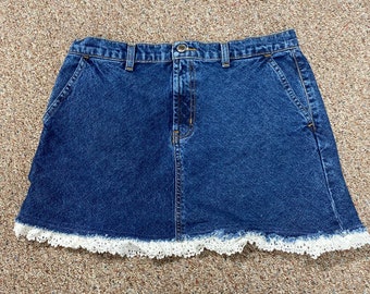 Size 10 Denim Lace Skirt Jean Skirt UPCycled Skirt Womens Skirt Boho Western
