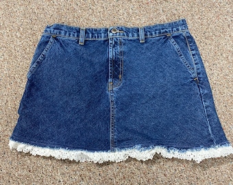 Tamaño 10 denim encaje falda Jean Falda UPCycled Falda Mujer Falda Boho Occidental