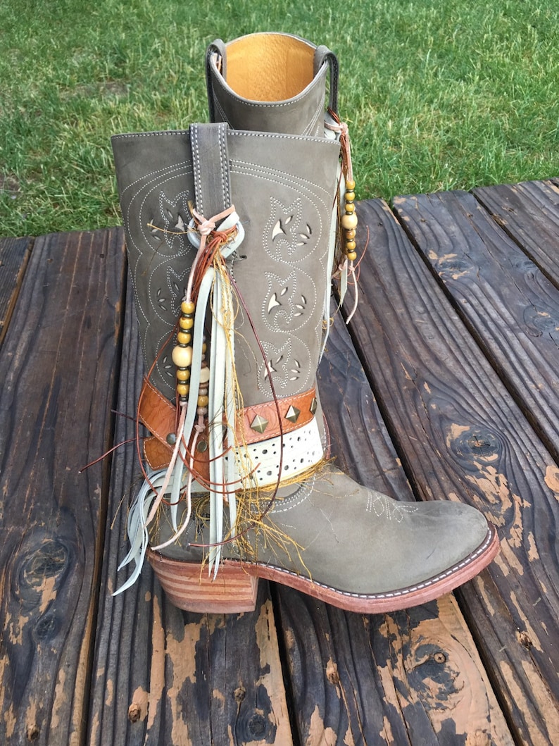 Frye Boots Size 8.5 Tall Boots Gorgeous Light Green UPCycled Cowgirl Boots Boho Fringe Boots