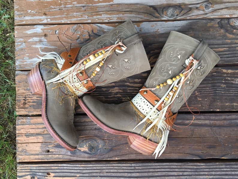 Frye Boots Size 8.5 Tall Boots Gorgeous Light Green UPCycled Cowgirl Boots Boho Fringe Boots