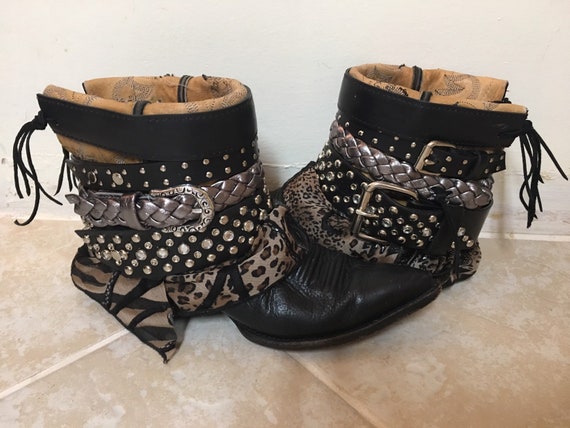Black Blingy Boho UPCycled Cowgirl Boots Size 6.5 Black | Etsy