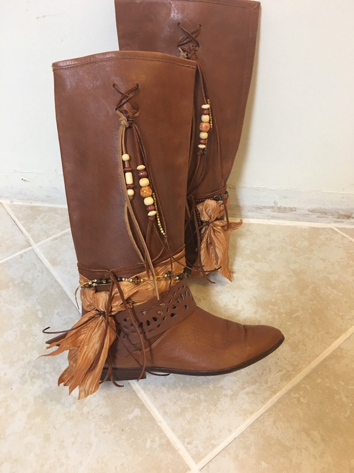 Size 5.5 Tall Saddle Tan Boho Leather Boots Upcycled Cowgirl - Etsy
