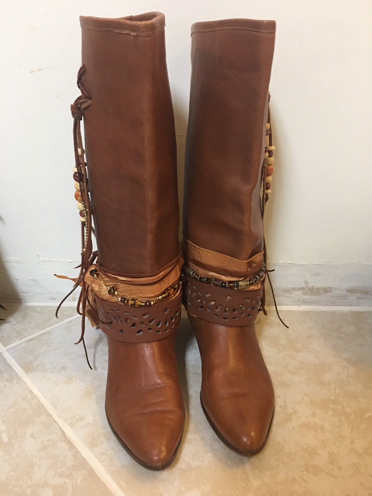 Size 5.5 Tall Saddle Tan Boho Leather Boots Upcycled Cowgirl - Etsy