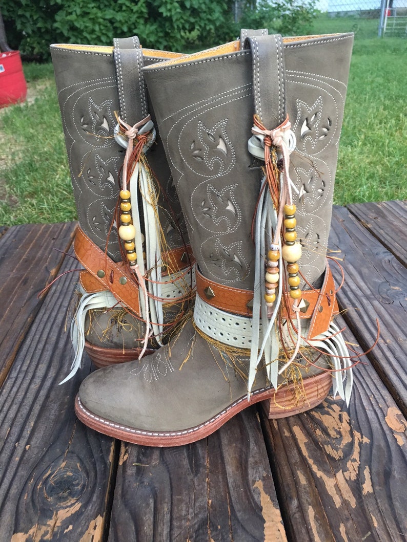 Frye Boots Size 8.5 Tall Boots Gorgeous Light Green UPCycled Cowgirl Boots Boho Fringe Boots
