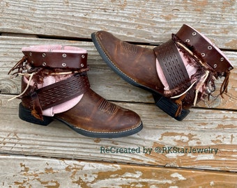 Size 8 Dark Brown and Pink Ankle Boots Womens Cowboy Boots Roper Cowgirl Boots Bootie Boots UPCycled Cowgirl Boots