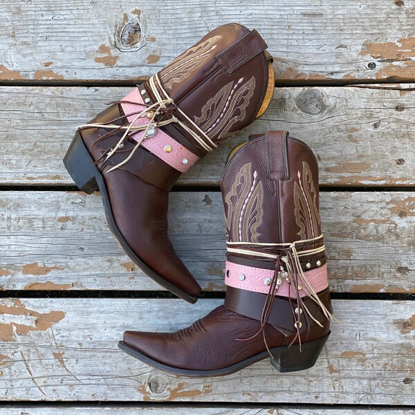 Size 8.5 Chocolate Brown & Pink Cowgirl Boots - UPCycled Cowgirl Boots - Boho Boots - Cowboy Boots - Western Boots - women’s Boots