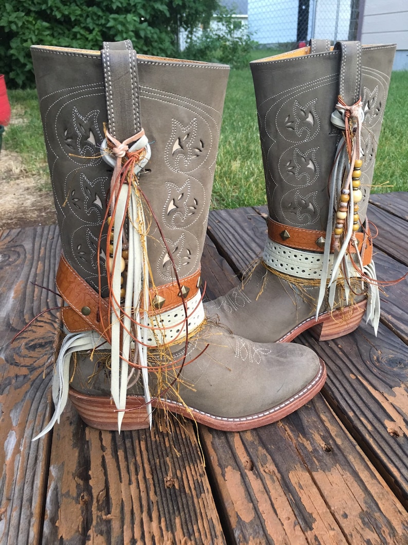 Frye Boots Size 8.5 Tall Boots Gorgeous Light Green UPCycled Cowgirl Boots Boho Fringe Boots