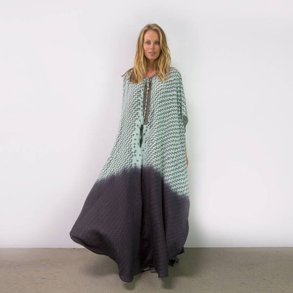 NEW COLLECTION Printed Dip Dye Beaded Tie Neck Kaftan