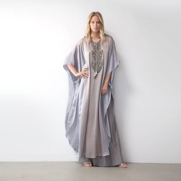 Beaded front tie dye silk caftan