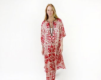 100% Seide bedruckter Kaftan | Luxus-Resort tragen Kleid | Strandabdeckung | Boho Urlaub, Poolside Outfit, MILA