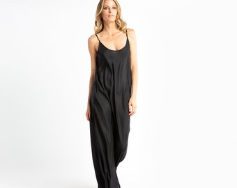 Luxurious 100% Silk Black Slip Dress - Bias Cut Kaftan-Style for Plus Size Women