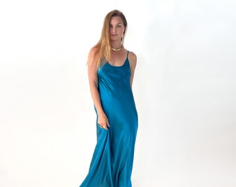 Teal Luxurious 100% Silk Charmeuse Slip dress, bridesmaid dress