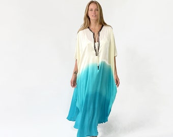 Sale- slight damage- bruised point on fabric- MIKI Kaftan silk dress yellow/turquoise