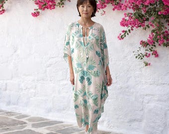 Kaftán de seda estampado para la playa / Vestido pareo 100% seda / Ropa de resort / Vacaciones bohemias, atuendo de verano, HOJA DE PALMA