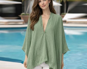 Oversized Olive Silk Tunic Top – Flowy Resort Wear Blouse