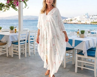 Caftán de seda estampado / Vestido caftán 100% seda / Ropa de resort de lujo / Cubrebaño de playa, atuendo bohemio para vacaciones, regalo para ella PAPEL PINTADO TROPICAL