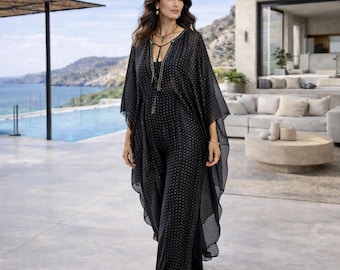 100% Silk Black Polka Dot Maxi Kaftan Dress – Retro Chic Summer Outfit