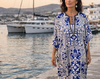 100% Seide bedruckter Kaftan | Luxus-Resort tragen Kleid | Strandabdeckung | Boho Urlaub, Poolside Outfit, MILA