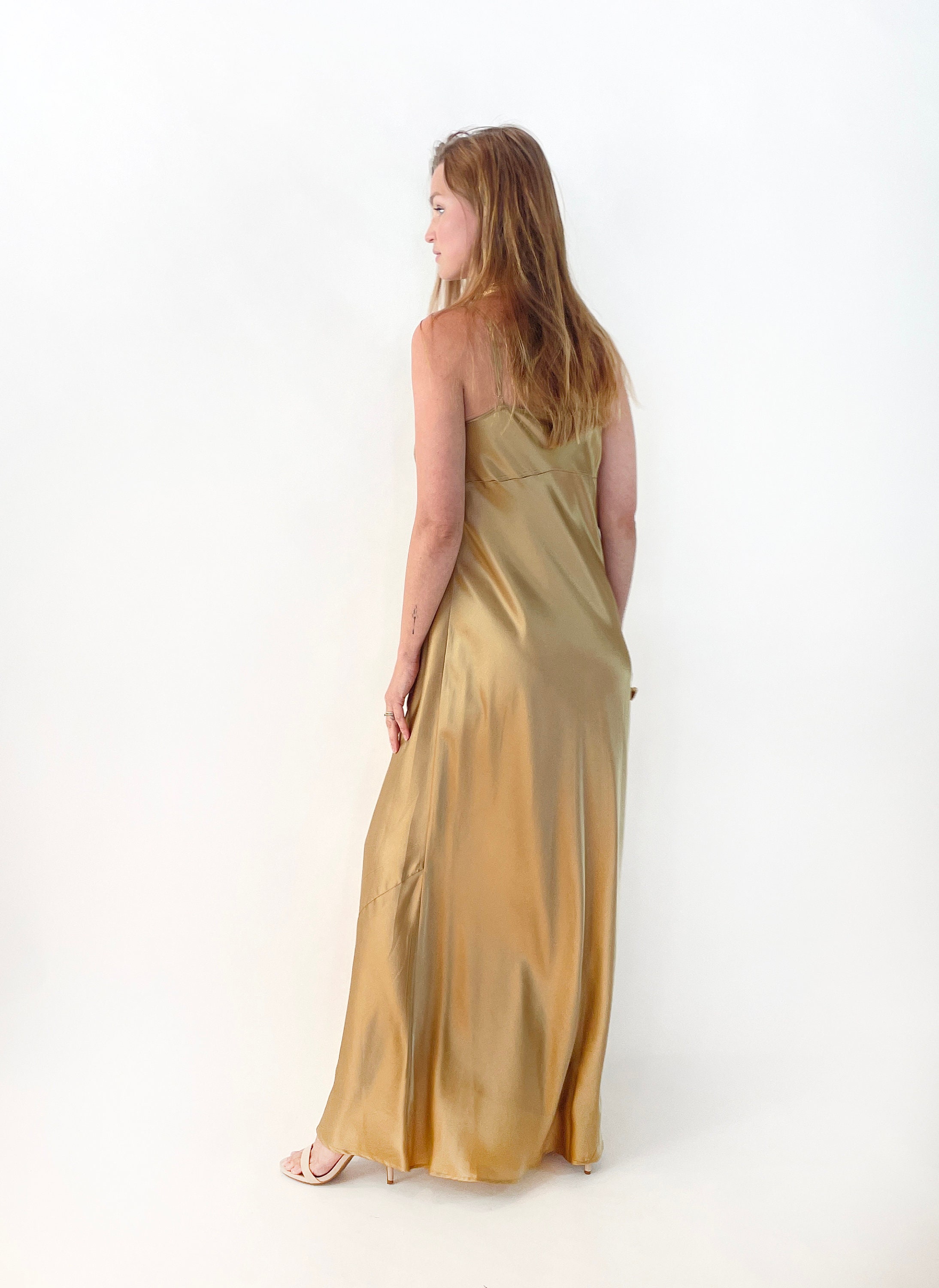 Gold 100% Silk Satin Charmeuse Slip Dress: Bias Cut Bridesmaid Gown, Graduation Dress, Wedding Guest Dress